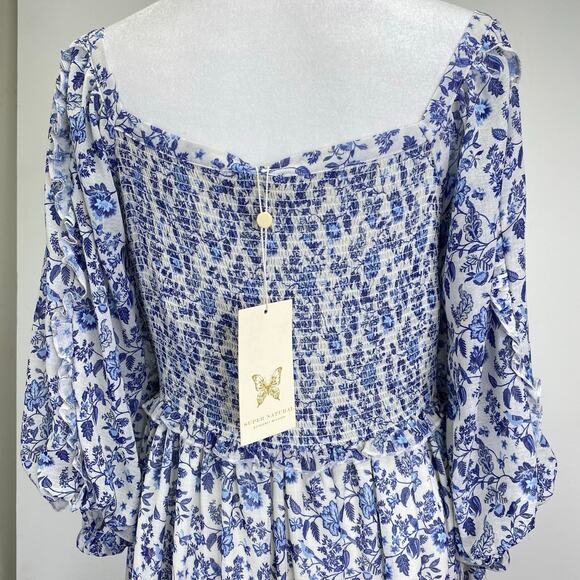 Super Natural Secret Mission Floral Chiffon Smocked Greenport Dress Blue Sz M - Picture 12 of 13